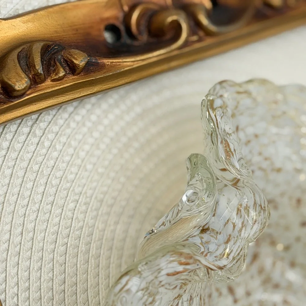 Vintage Hand Blown Art Glass Ruffled Bowl White Gold Fleck Splatter Murano Style